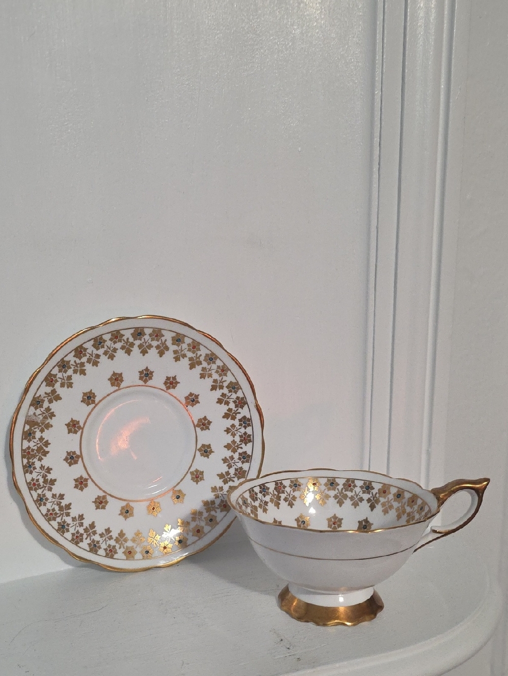  vintage Royal Stafford footed teacup and saucer set, 1940 England
